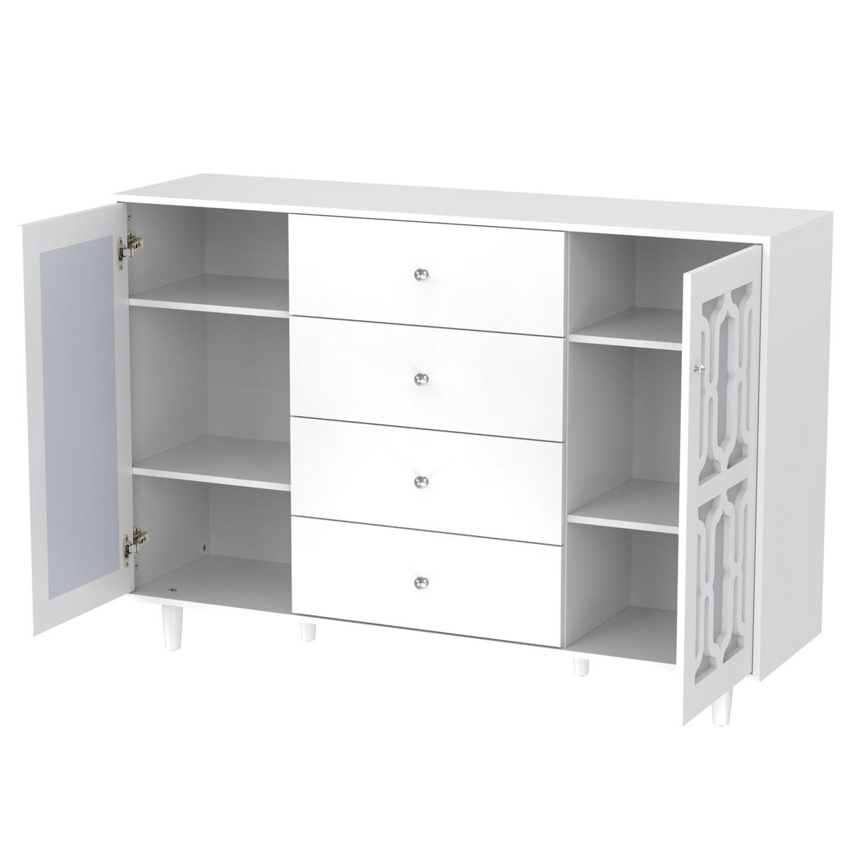 SKŘÍŇ na nádobí 147,5/40/102 cm bílá, MDF se zrcadlovým povrchem a skleněnými úchytkami - bílá, kompozitní dřevo (147.5/102/40cm) - BEAOK