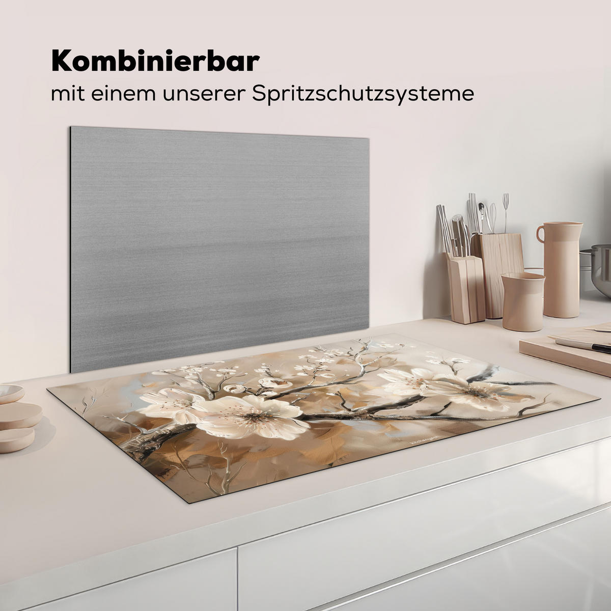 KRYT NA INDUKČNÍ DESKU Květiny - abstraktní - malované - béžové 89.6x51.6 cm - béžová, plast (89.6/51.6/0.2cm) - MuchoWow