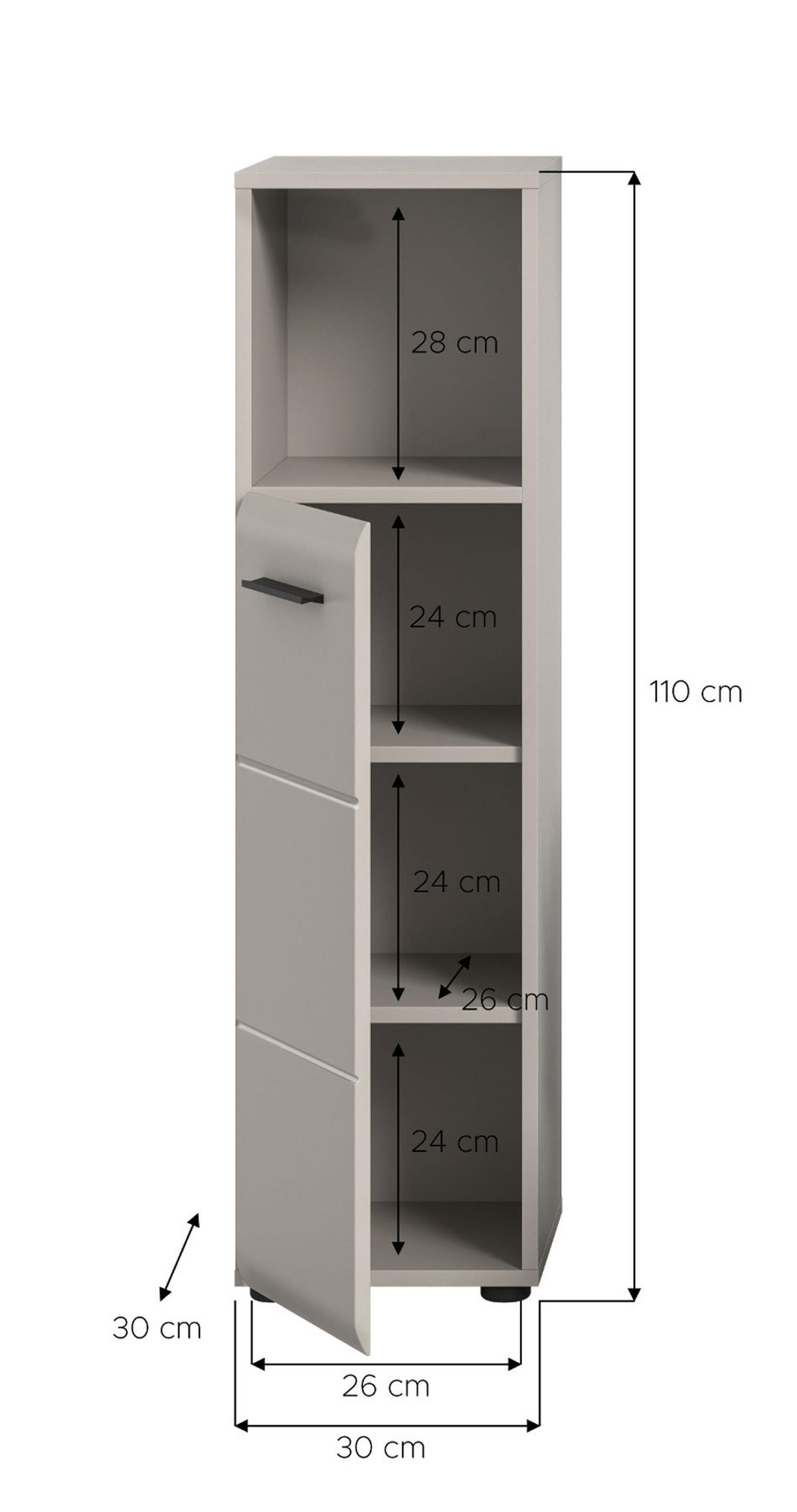 BADKOMMODE Kaschmir 30 x 110 cm, Badezimmer Kommode mit wechselbarem Türanschlag - Kaschmir/Schwarz, Holzwerkstoff/Kunststoff (30/110/30cm) - Inn.Furn