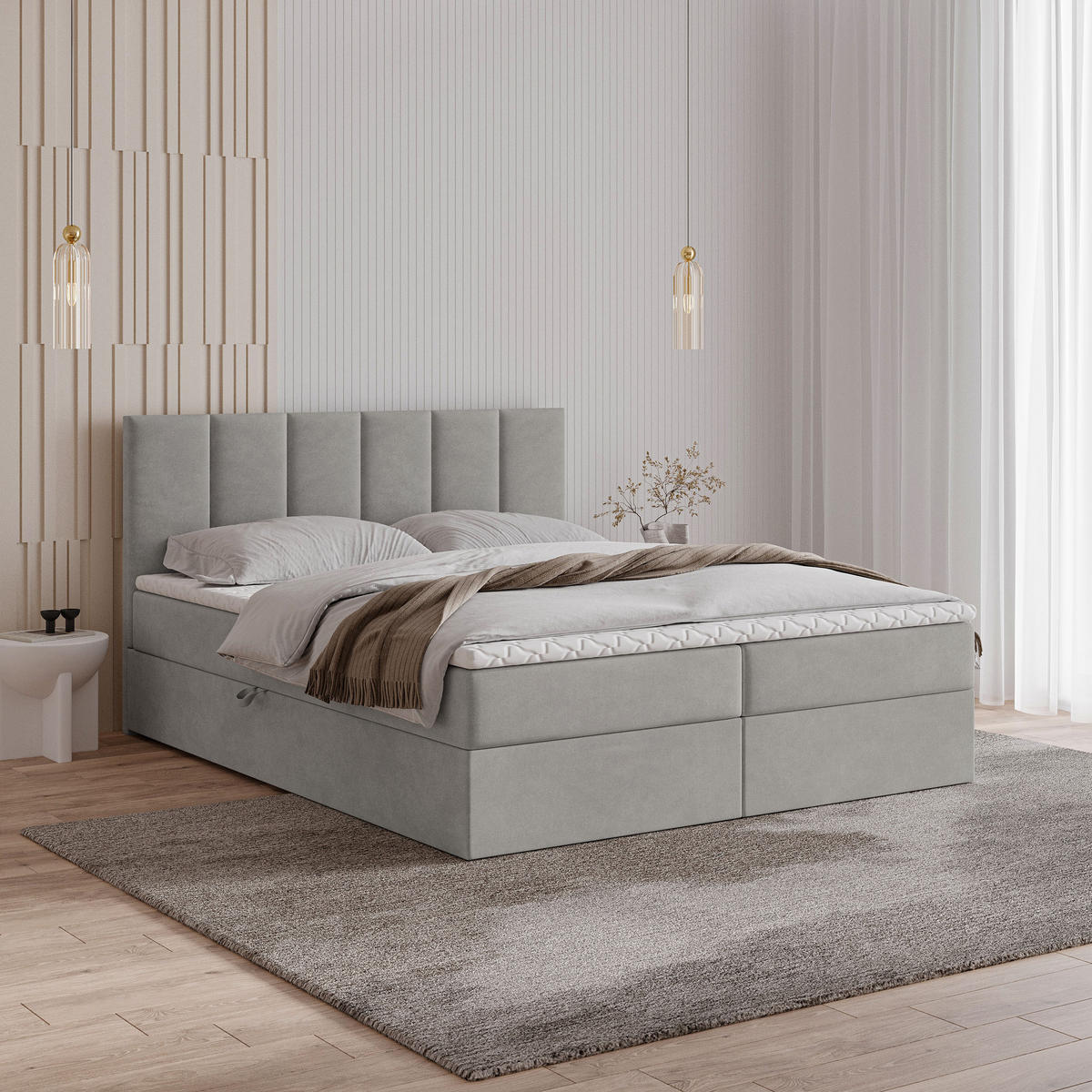 POSTEL BOXSPRING MERIL 160x200 cm, s matrací a úložným prostorem, šedá - šedá, kompozitní dřevo/textil (160/200cm) - MASSENO