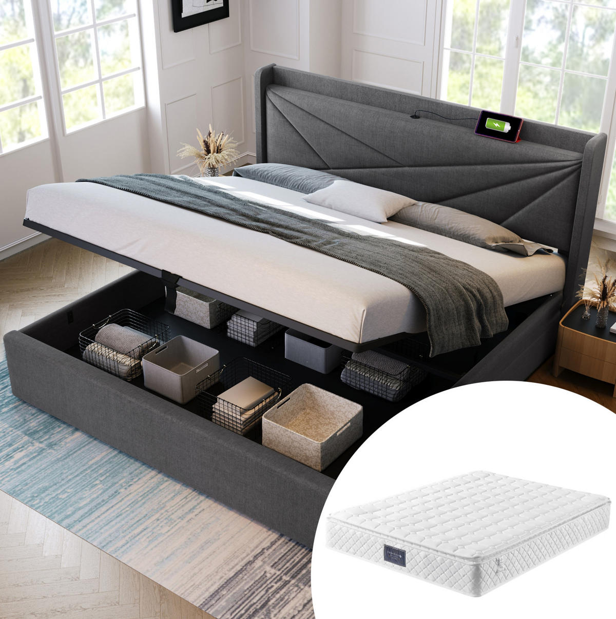 BETT mit Bettkasten und USB/Typ-C 160x200 cm Grau inkl. Matratze - Grau, Metall (160/200cm) - Meubliv
