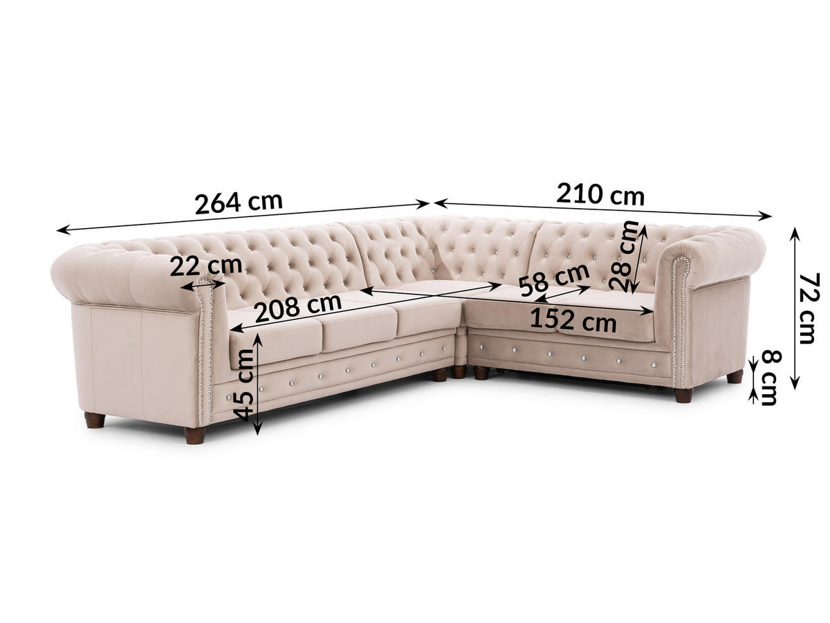 ECKSOFA mit Schlaffunktion Chesterfield Cleo Blink Beige Samt mit Kristallsteppung und braunen Massivholzfüßen - Ottomane Rechts - Beige/Braun, Holz/Textil (264/210cm) - S-Style Möbel