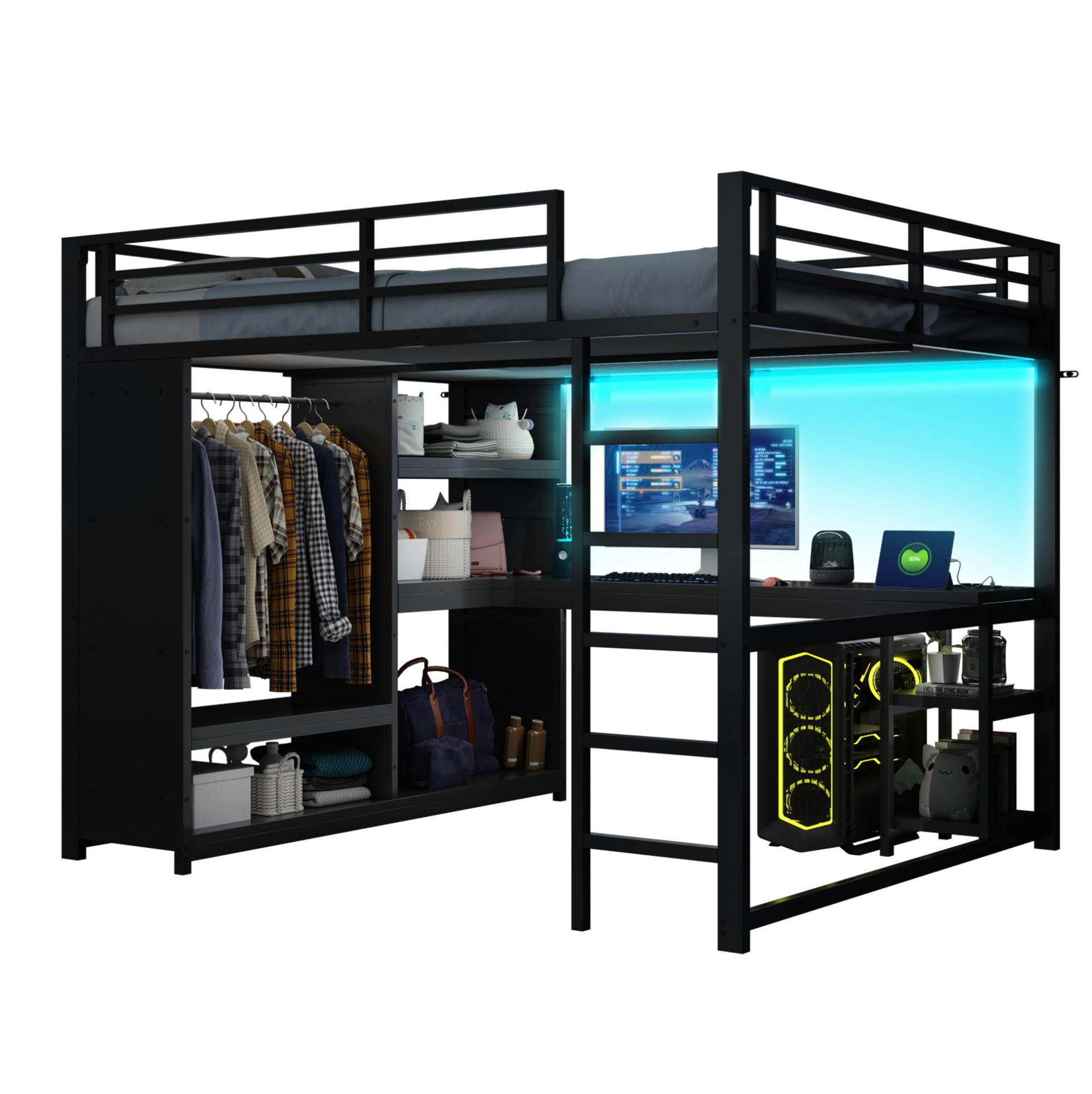 HOCHBETT 160/200 cm Schwarz aus Metall mit Schreibtisch und Stauraum - Schwarz, Metall (160/200cm) - OKMYHOME