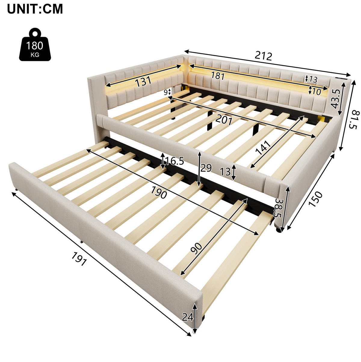 POLSTERBETT 140/200 cm Beige aus Leinen mit Ausziehbett und LED - Beige, Textil (140/200cm) - OKMYHOME