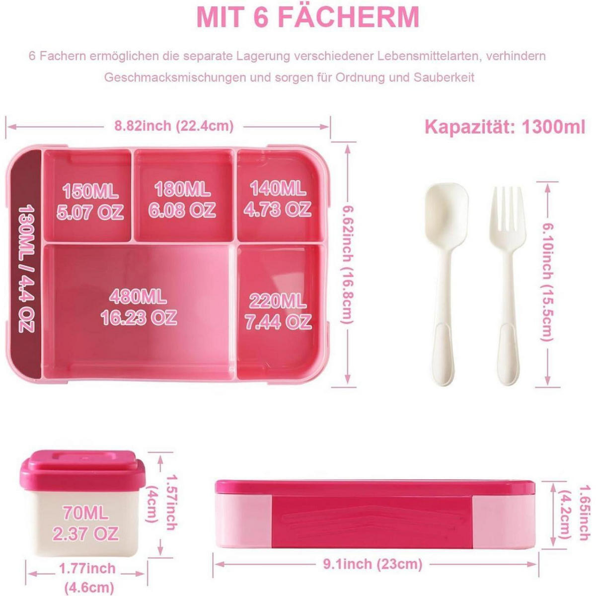 BROTDOSE Kinder 1300ml 6 Fächer Auslaufsicher Rosa - Rosa, Kunststoff (18/5.5/23cm)