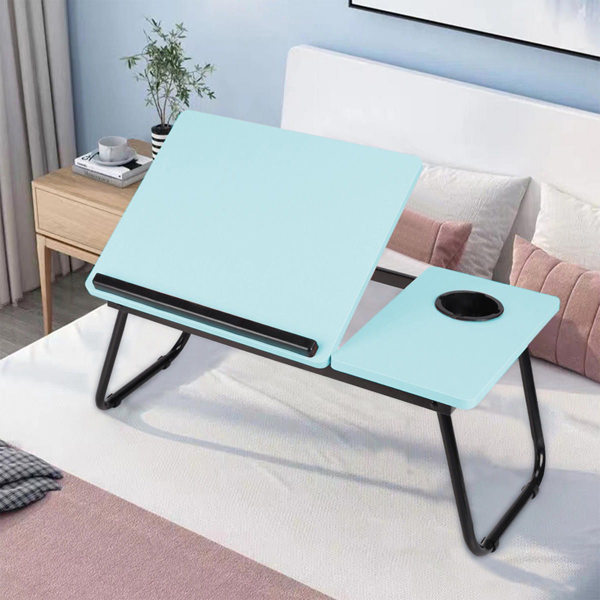 LAPTOP-BETTTISCH mit Getränkehalter Verstellbarer, klappbarer – Blau 5-fach Neigungsverstellung und Becherhalter 56x32,5x24 cm - Blau, Metall (32.5/56/24cm) - Livingandhome
