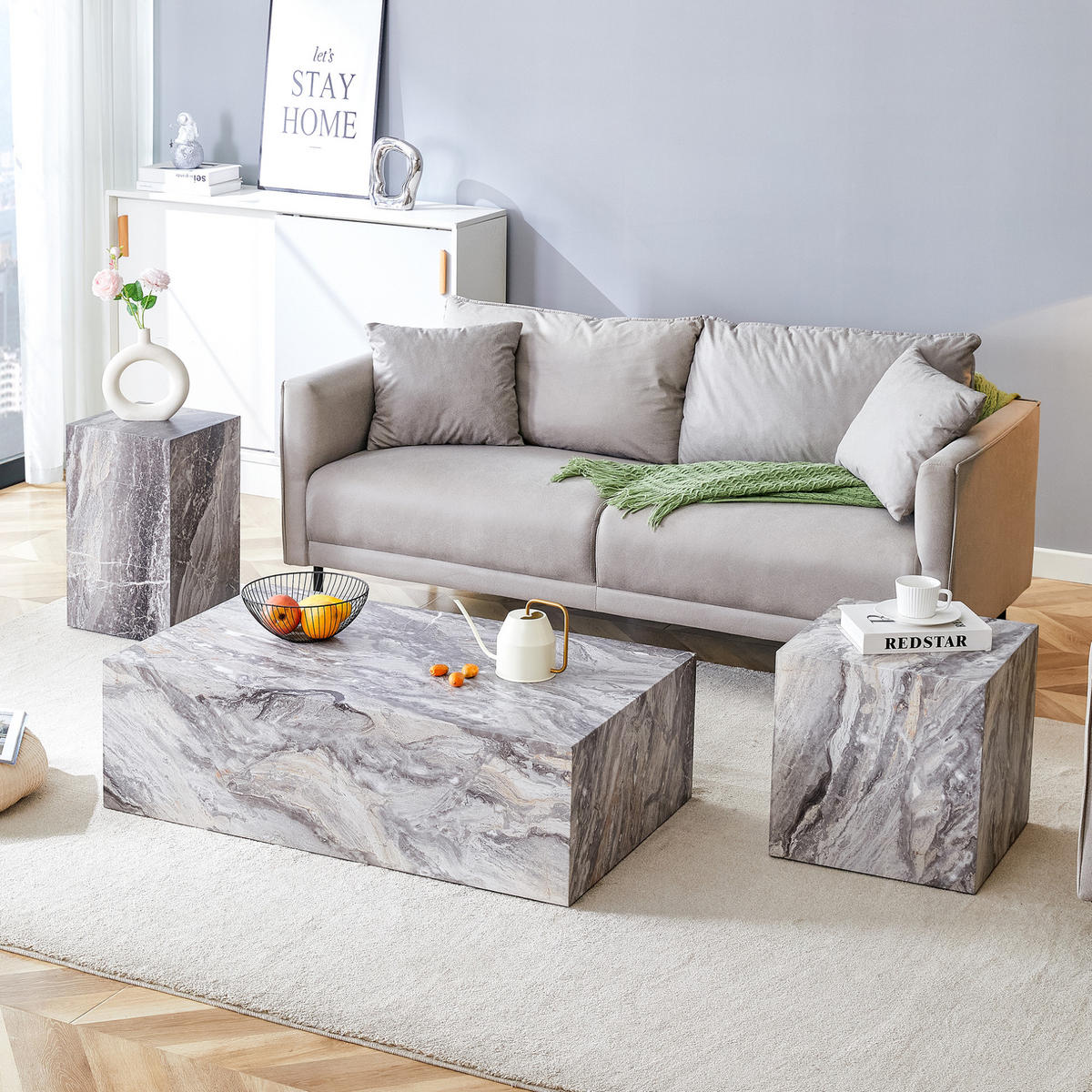 COUCHTISCH 90/50/30 cm aus MDF mit Marmoroptik, belastbar bis 100 kg, montagefrei, Grau - Grau, Holzwerkstoff (90/50/30cm) - Redom