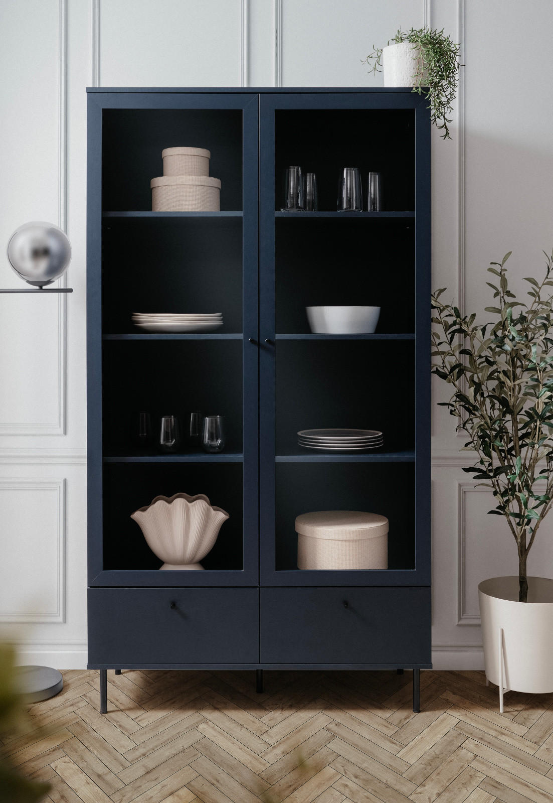 VITRINE blau 100 cm, Vitrinenschrank mit 8 Fächern - Blau/Schwarz, Glas/Holzwerkstoff (100/183/40cm) - Furn.Design