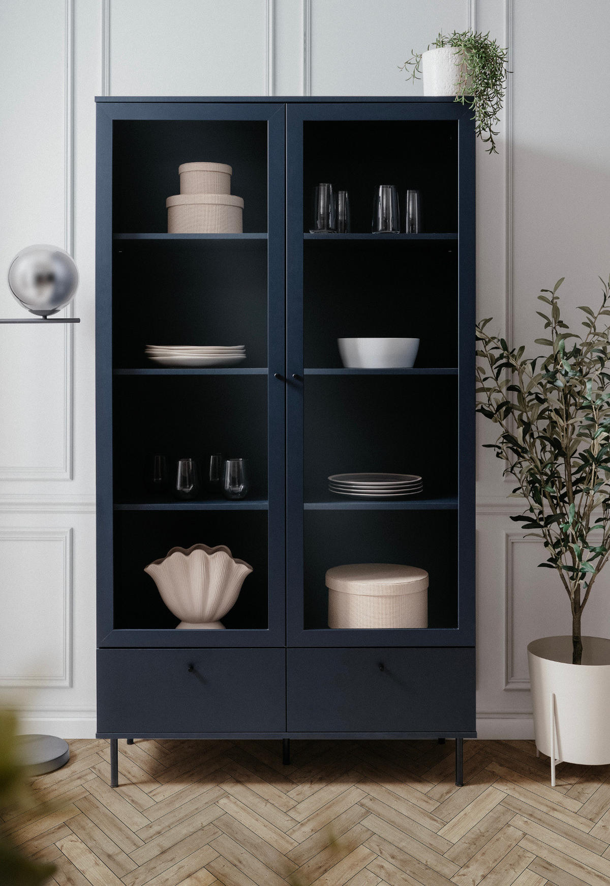 VITRINE blau 100 cm, Vitrinenschrank mit 8 Fächern - Blau/Schwarz, Glas/Holzwerkstoff (100/183/40cm) - Furn.Design