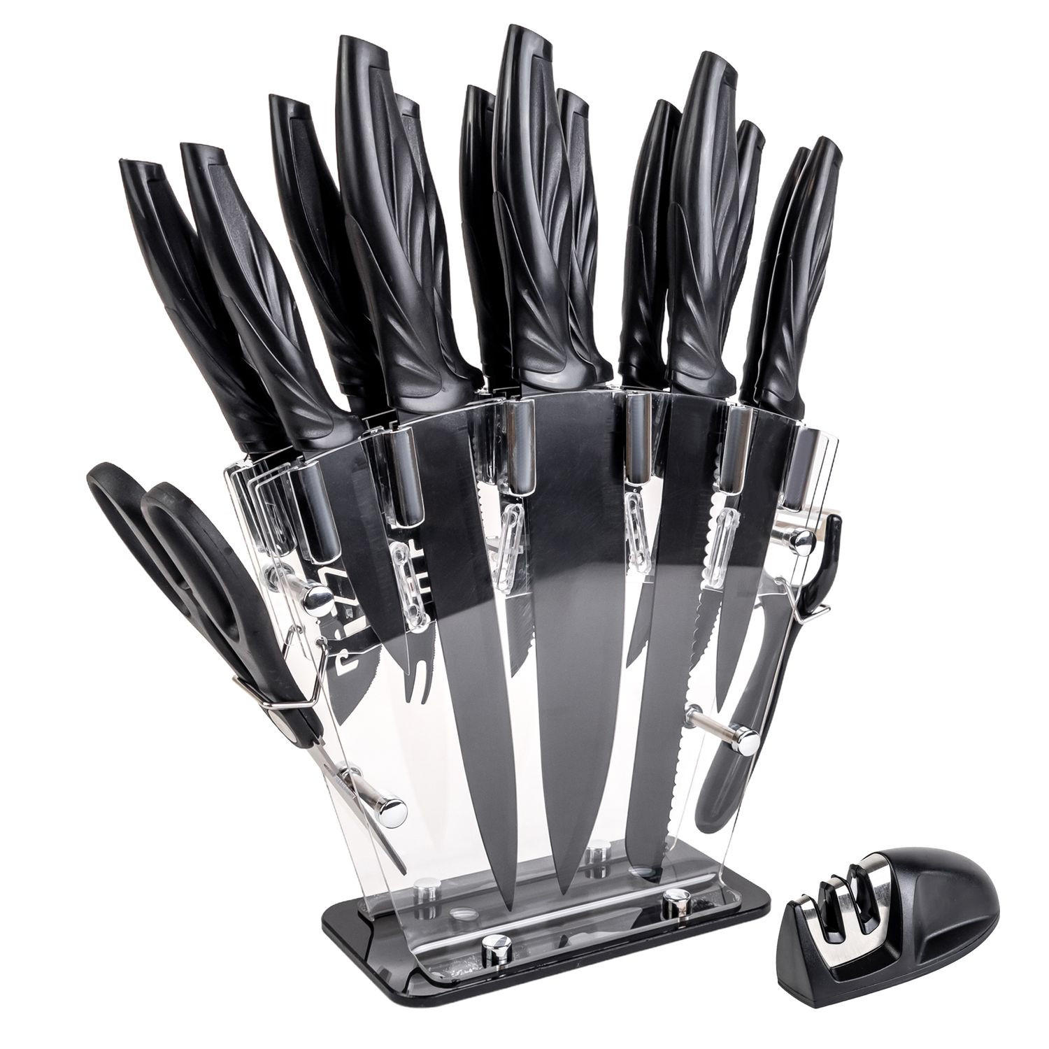 KÜCHENMESSER Set mit Messerblock und Schärfer (17-tlg.) - Schwarz, Metall (11.5/23.5/36cm) - Intirilife