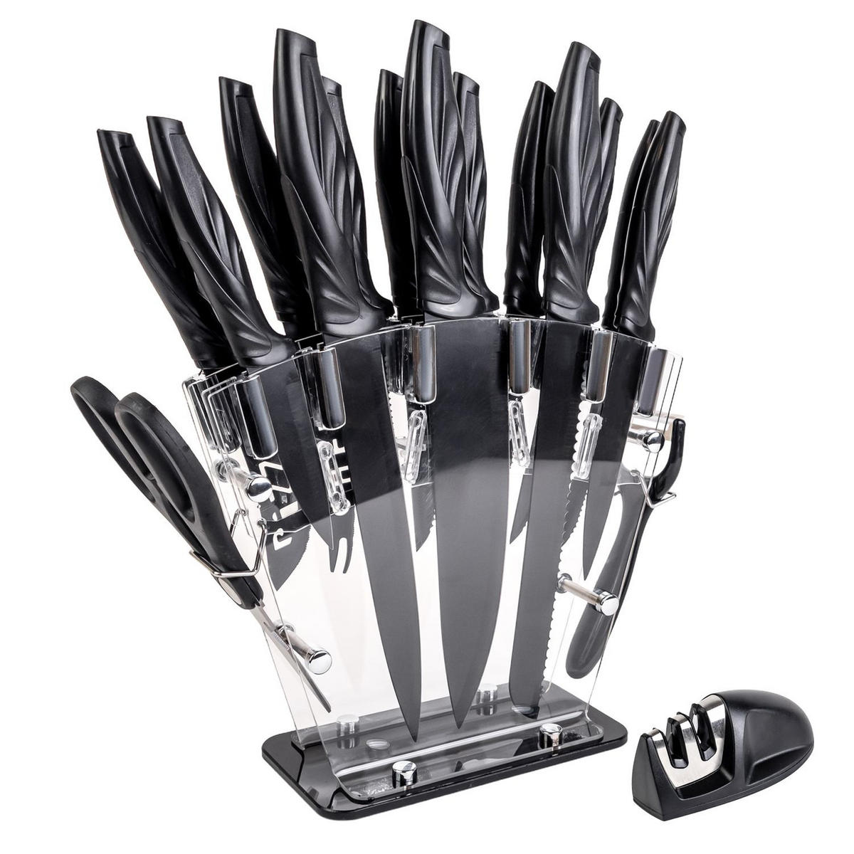KÜCHENMESSER Set mit Messerblock und Schärfer (17-tlg.) - Schwarz, Metall (11.5/23.5/36cm) - Intirilife