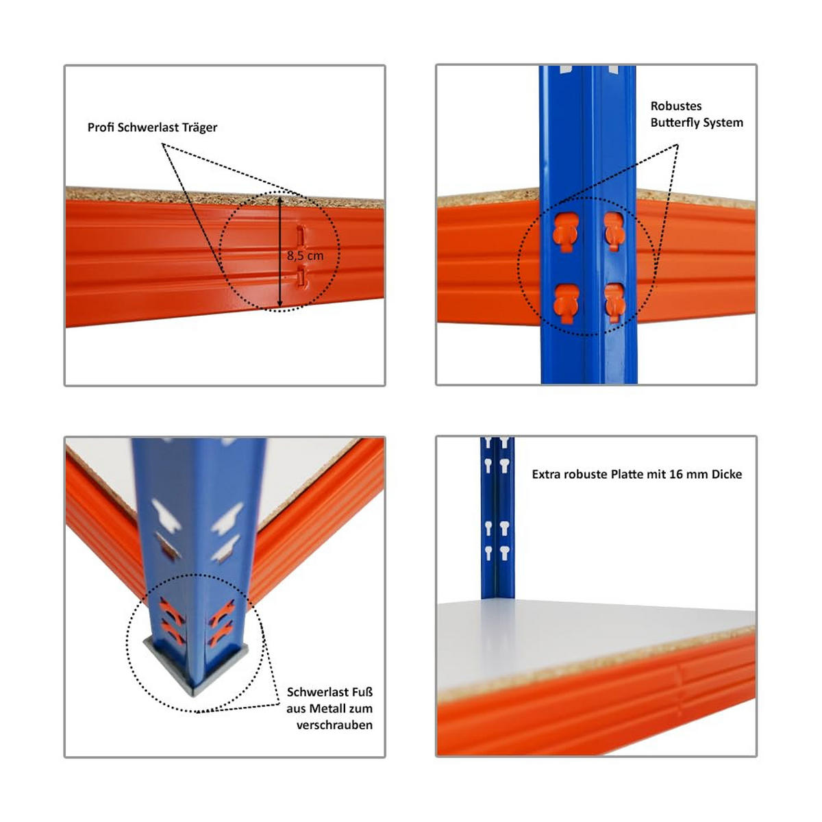 SCHWERLASTREGAL Rhino 180x160x60 cm 4 Melamin-Ebenen 16mm Fachlast 500 kg Blau/Orange - Blau/Orange, Metall (160/180/60cm) - PROREGAL