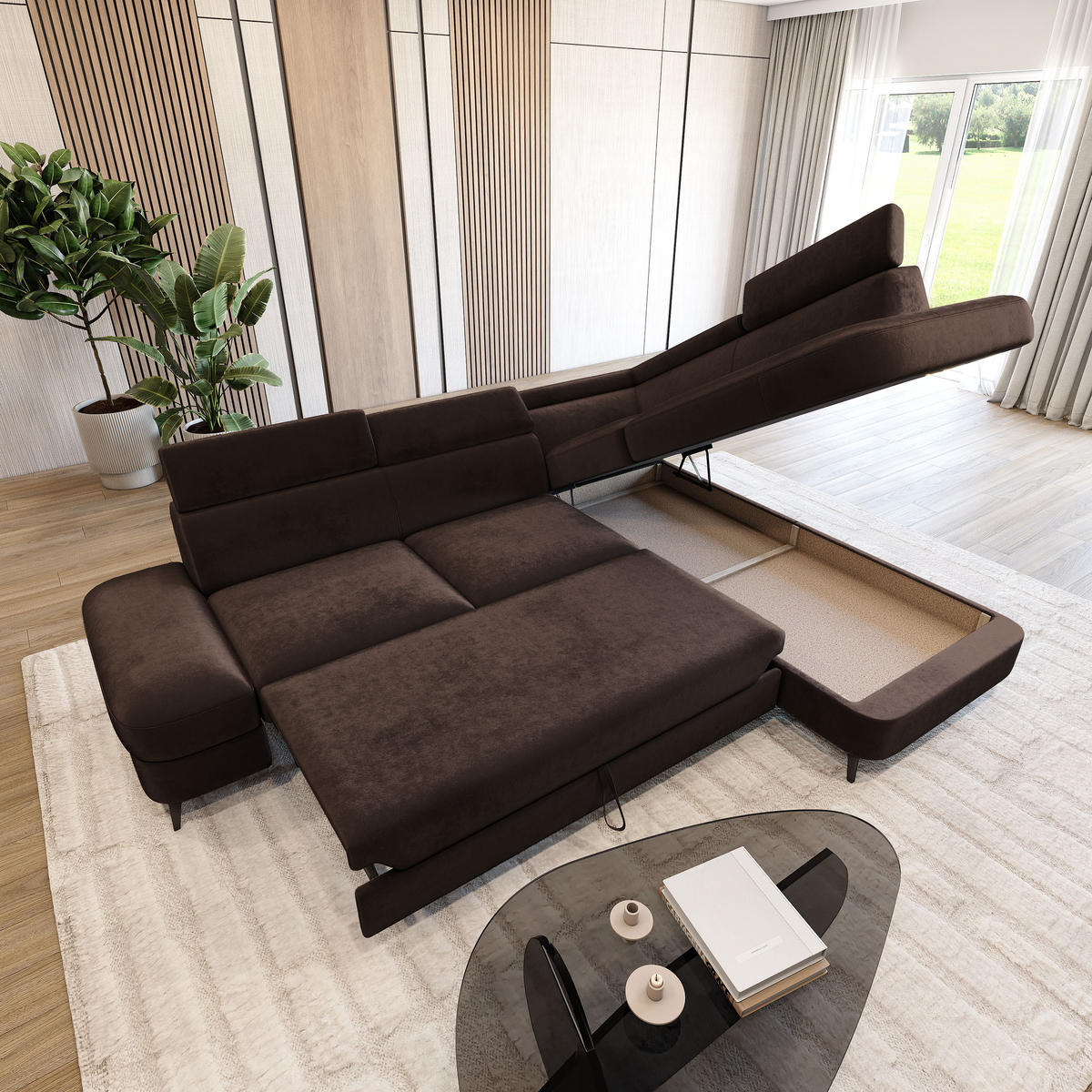 ECKSOFA AVISE M R-S Braun Velours-Stoff mit Schlaffunktion - Braun, Holzwerkstoff/Textil (268/195cm) - MASSENO