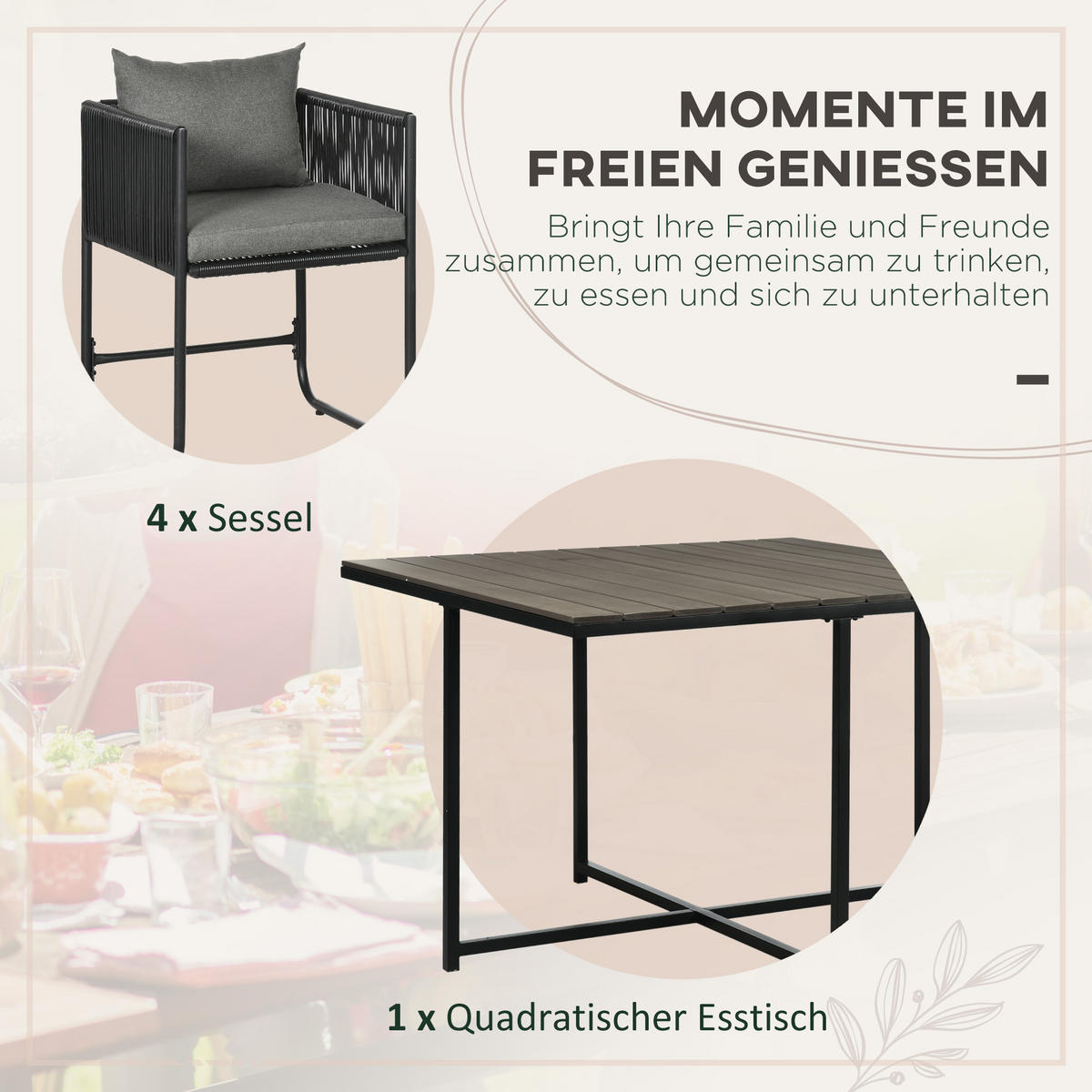 ESSTISCH mit 4 Stühlen, 5-tlg. Polyrattan Gartenmöbel Set, Gartensitzgruppe, Grau - Grau, Kunststoff - Outsunny