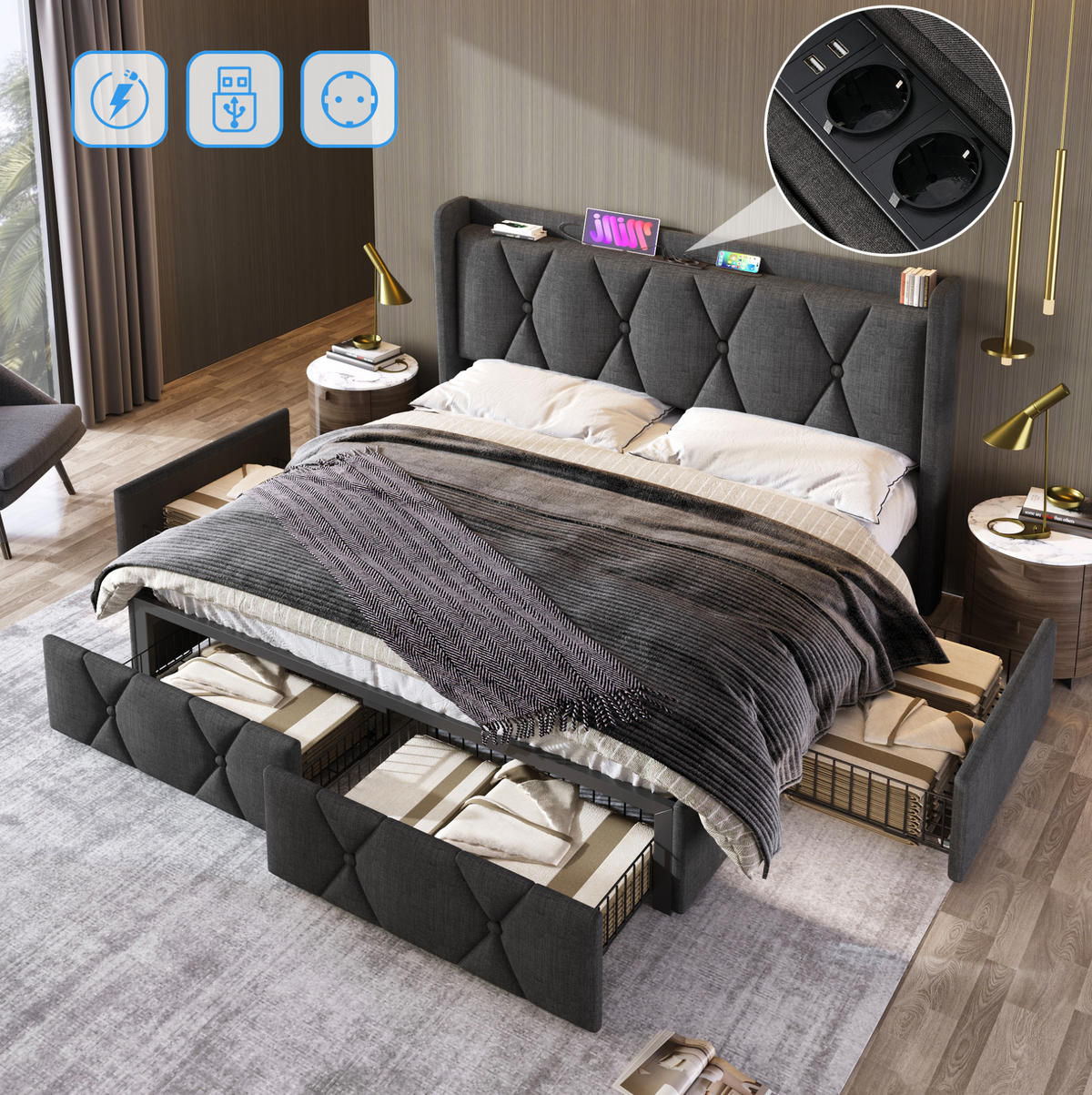 POLSTERBETT 140/200 cm mit 4 Schubladen, USB und Steckdosen, Grau - Grau, Textil (140/200cm) - BEAOK