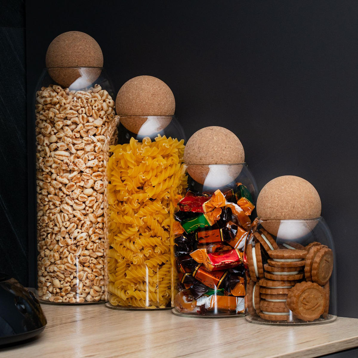 AUFBEWAHRUNGSBEHÄLTER Set mit Kork-Kugel (4-tlg.) - Transparent, Glas (9/29/9cm) - Intirilife