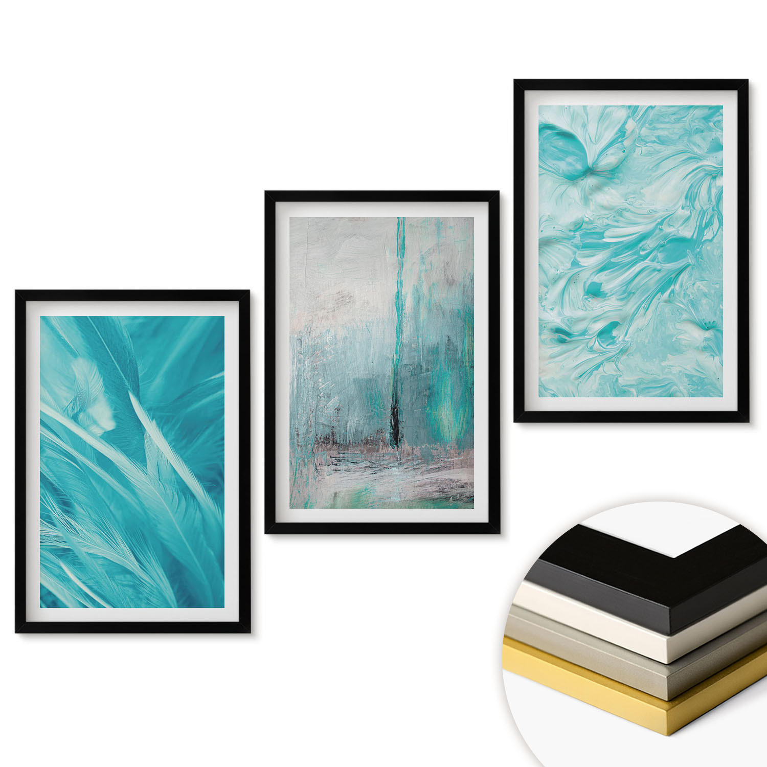 WANDBILDER 3er-Set - 40x60 cm Schwarzer Rahmen - Abstrakte Muster in Blautönen - Schwarz, Kunststoff (40/60cm) - ArtPrintCave