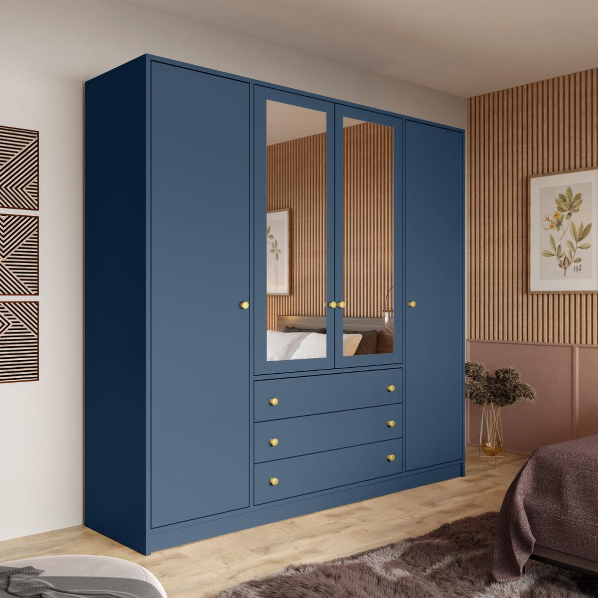 DREHTÜRENSCHRANK Solea Lux mit 4 Türen und 4 Schubladen, Dunkelblau - Goldfarben/Dunkelblau, Holzwerkstoff (196/200/58cm) - Beautysofa