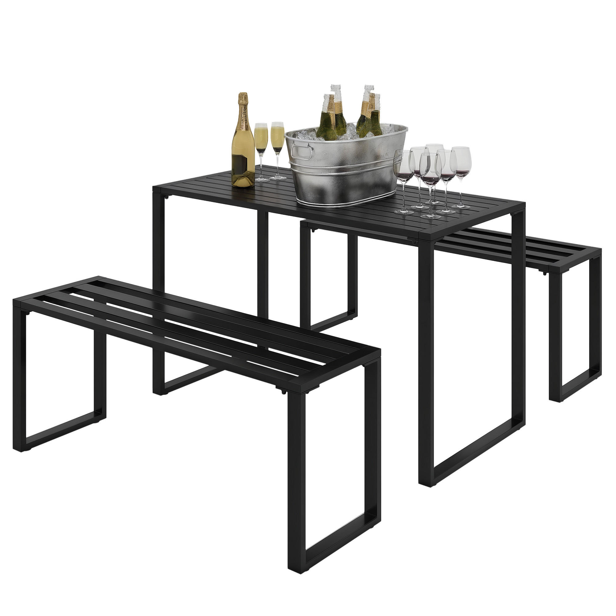 GARTENGARNITUR DE-07285 für 4 Personen mit Tisch und 2 Bänken Schwarz - Schwarz, Metall - ComfortXL