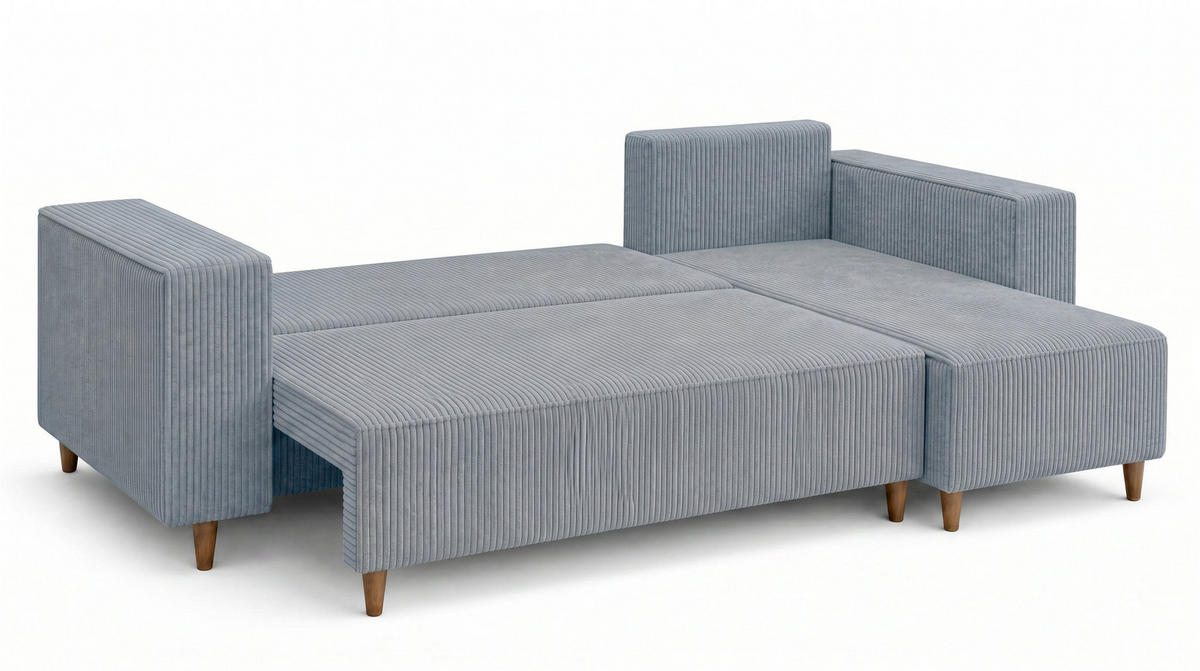 ECKSOFA RIO mit Schlaffunktion und Bettkasten, Farbe: Blau, Cordstoff, Ottomane Universal - Blau, Textil (249/142cm) - Marpur