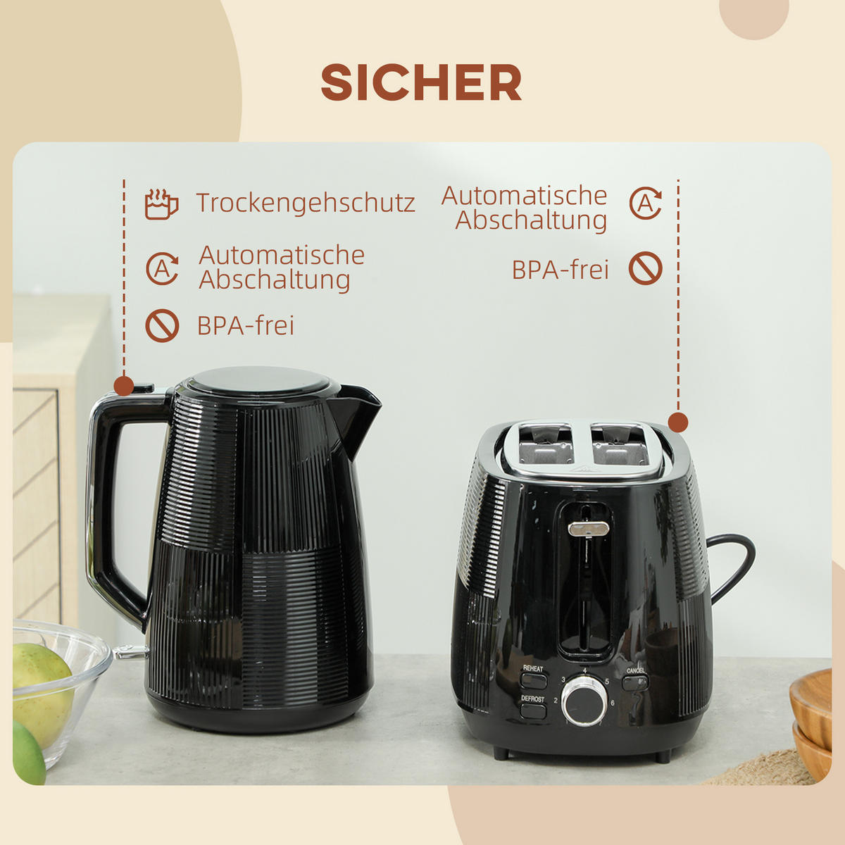 TOASTER mit Wasserkocher DE-07880 Schwarz - Schwarz, Kunststoff (15.6/23.3/20.4cm) - ComfortXL