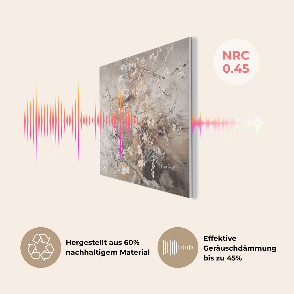 AKUSTIKPANEEL Mandelblüte - Kunst - Van Gogh - Beige - Abstrakt 80x60 cm - Braun, Textil (80/0.9cm) - MuchoWow