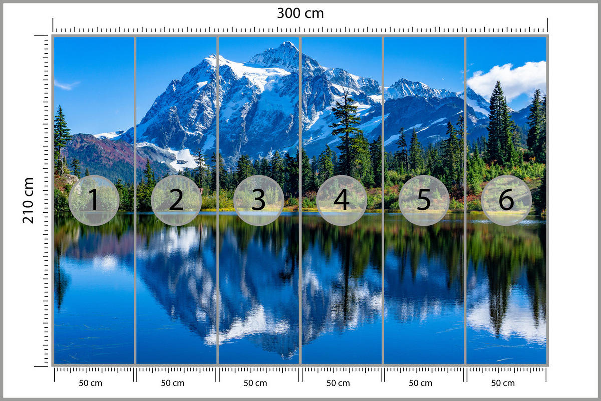 FOTOTAPETE See Berge Wald Landschaft 3D 300x210 - Blau/Beige, Papier (300/210cm) - Muralo