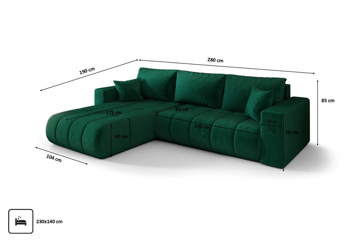 ECKSOFA mit schlaffunktion und bettkasten MILO PREMIUM, stoff MONOLITH, Grün, Links - Grün, Holz (280/190cm) - Kaiser Möbel