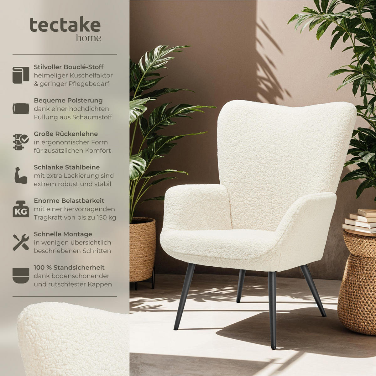 SESSEL Hygge,72 x 76 x 100,5 cm,Bouclé creme/schwarz - Creme/Schwarz, Kunststoff (72/100.5/76cm) - tectake
