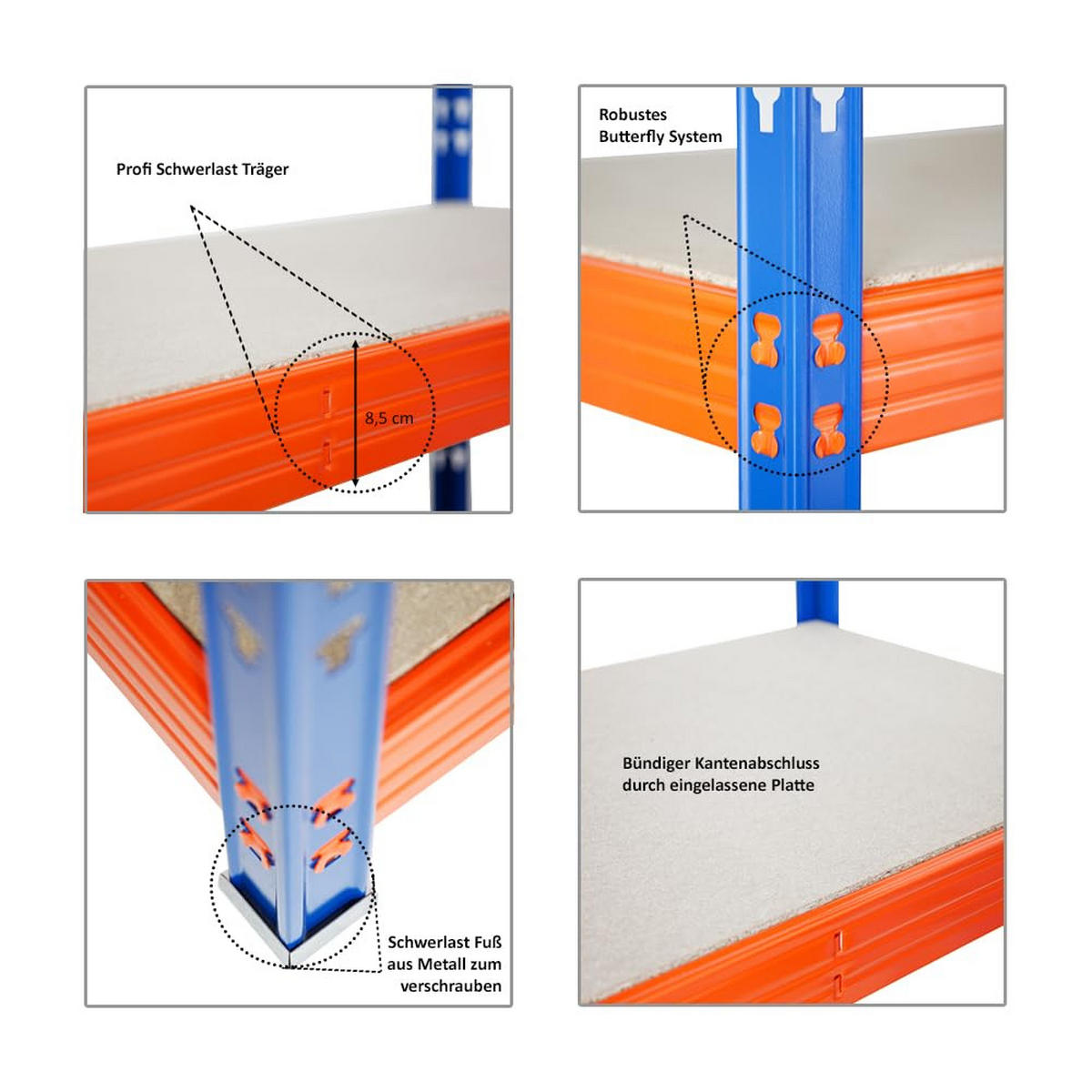 SCHWERLASTREGAL Rhino 180x200x60 cm 4 Spanplatten-Ebenen 8mm Fachlast 500 kg Blau/Orange - Blau/Orange, Metall (200/180/60cm) - PROREGAL