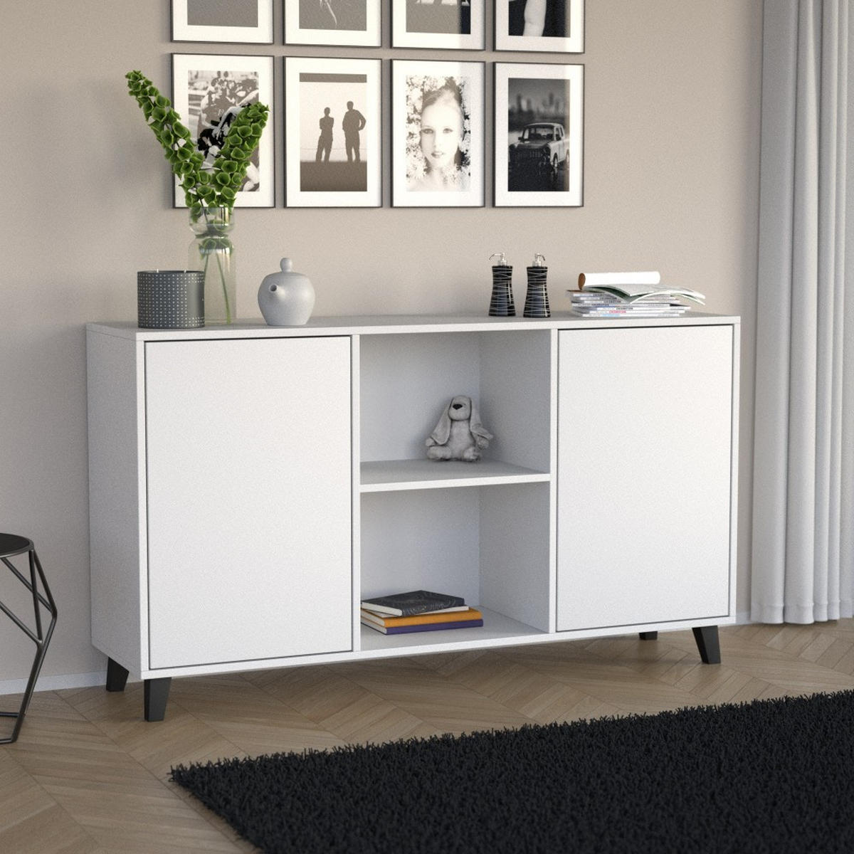 KOMMODE Home mit 2 Türen, ohne Griffe, Weiß - Schwarz/Weiß, Holzwerkstoff (150/85/40cm) - Beautysofa