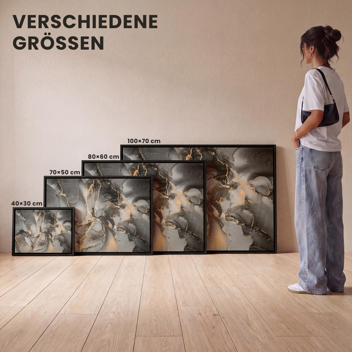 LEINWAND Bilder mit Rahmen - Grau - Luxus - Gold - Marmor - 100x70 - Dunkelgrau, Textil (100/70cm) - MuchoWow
