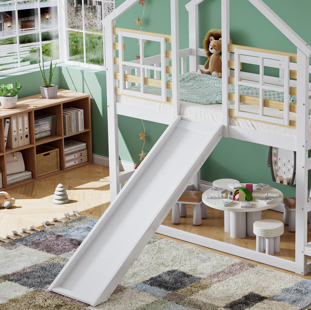 POSCHODOVÁ posteľ 90/200 cm biela/prírodná so šmykľavkou, schodíkmi a oknami z masívneho dreva a MDF - biela, kompozitné drevo (90/200cm) - OKWISH