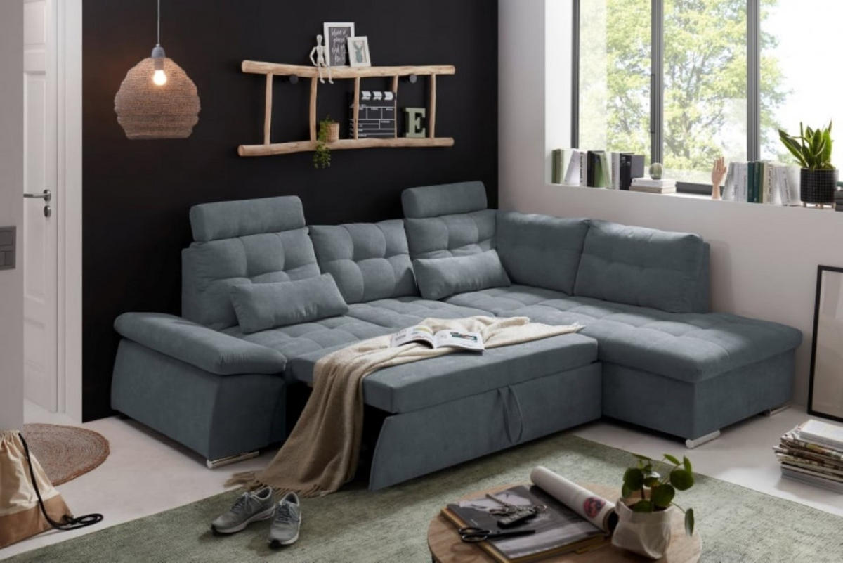 ECKSOFA mit Schlaffunktion, Bettkasten und verstellbarer Armlehne - Chromfarben/Anthrazit, Textil (219/260cm) - ed exciting design