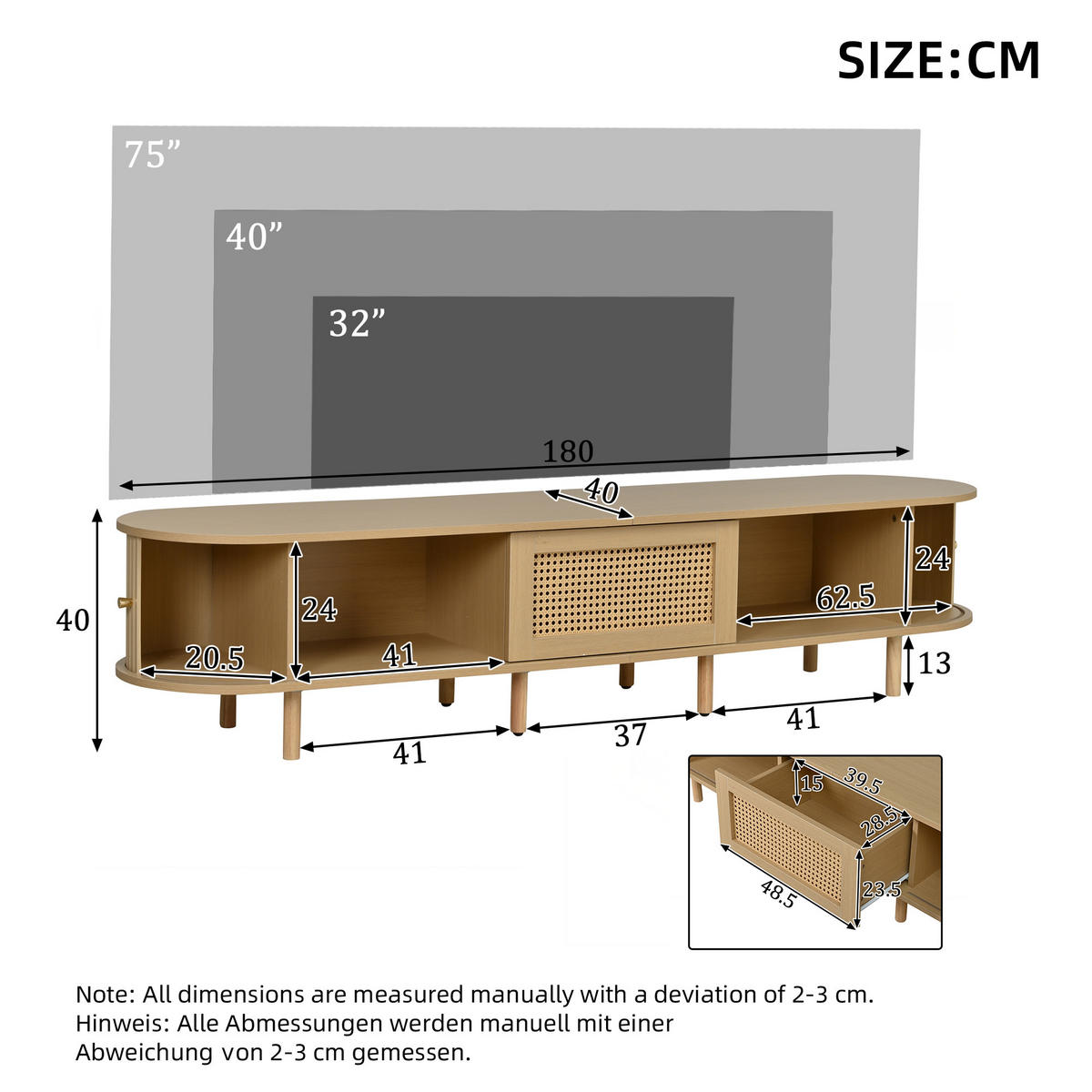 LOWBOARD Holzoptik Rattan Oval mit Schiebetür & Schublade für 75 Zoll TV - Naturfarben, Holzwerkstoff (180/40/40cm) - Urban Meuble