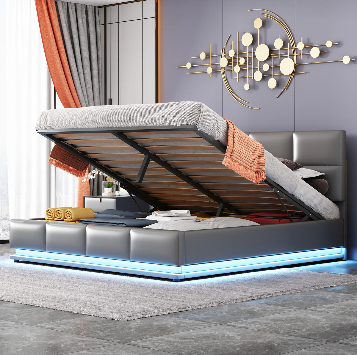 POLSTERBETT 160/200 cm grau mit LED-Beleuchtung und Bettkasten - Grau, Textil (160/200cm) - OKWISH