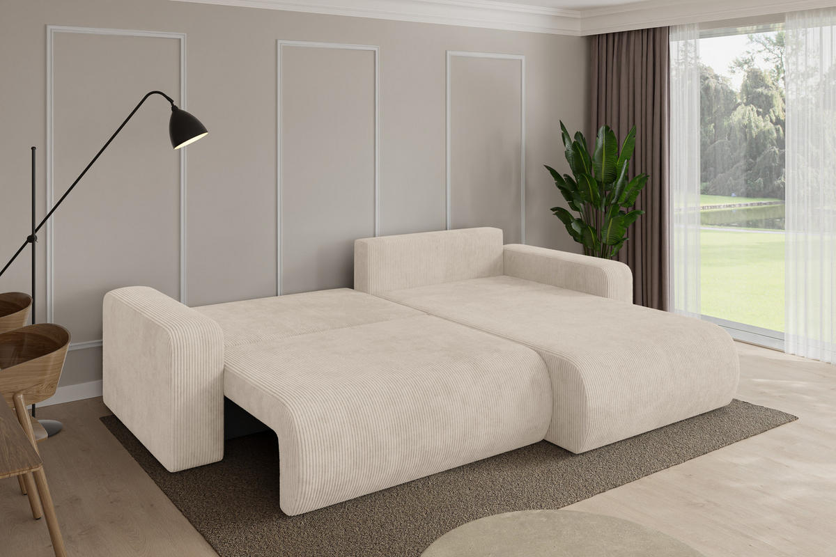 ROHOVÁ SEDAČKA s funkcí spaní, otoman vpravo BERY-L 276x193x88 béžová manšestr - černá/béžová, kompozitní dřevo/textil (276/193cm) - ALTDECOR