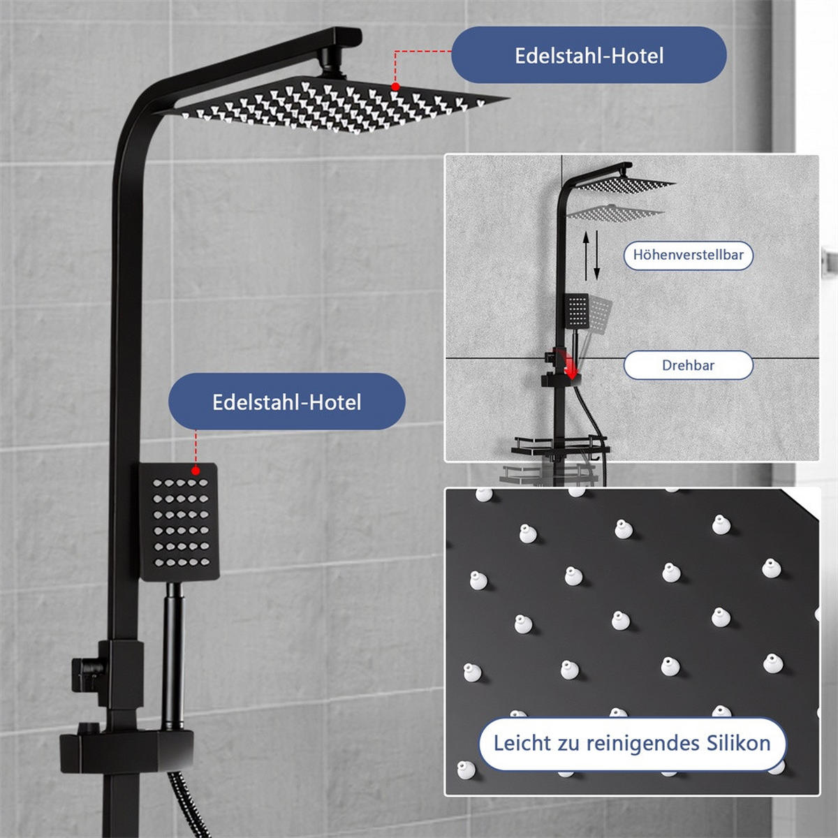 DUSCHSET mit Thermostat-Effekt - Duschsystem 4-in-1 mit Regendusche und Bidet-Sprühpistole - mit Handbrause - Schwarz - Schwarz, Metall (20/105/16cm) - DELFA