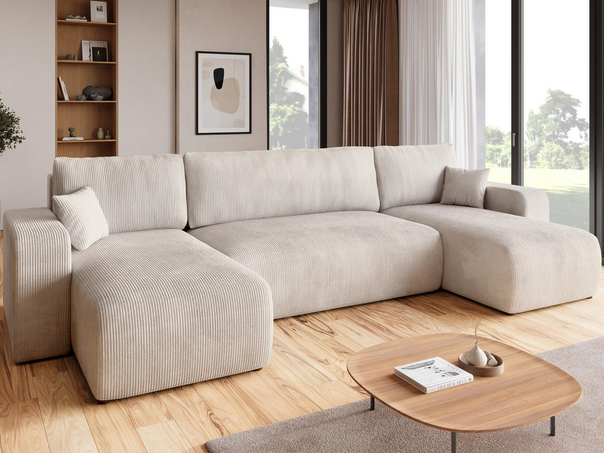 WOHNLANDSCHAFT PUMI mit Schlaffunktion Weiß Cord - Creme, Textil (312/82/148cm) - Bromarkt