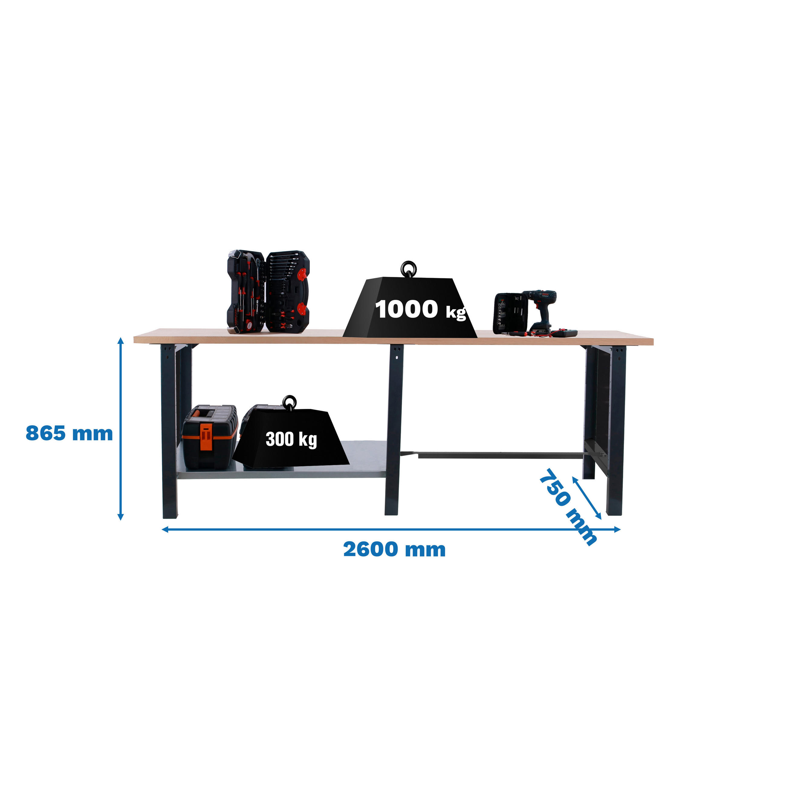 WERKBANK Buffalo Wood HxBxT 86,5 x 260 x 75 cm Traglast 1000 kg Anthrazit - Anthrazit, Metall (260/86.5/75cm) - PROREGAL