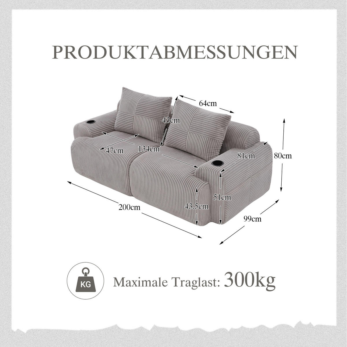 2-SITZER Sofa Cordstoff mit Getränkehalter und Seitentasche 200/99/80 cm Hellgrau - Hellgrau, Textil (99/80/200cm) - Redom