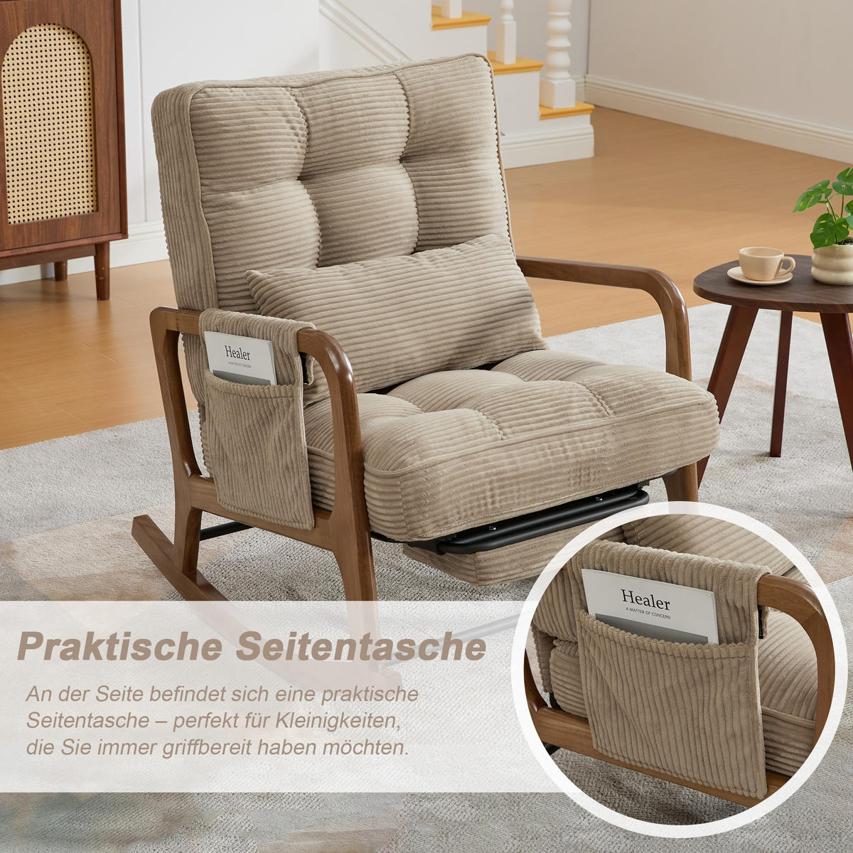 SCHAUKELSTUHL Khaki Cord mit Fußstütze, Seitentaschen und verstellbarer Lehne - Sandfarben, Textil (80/92/70cm) - Oxeza