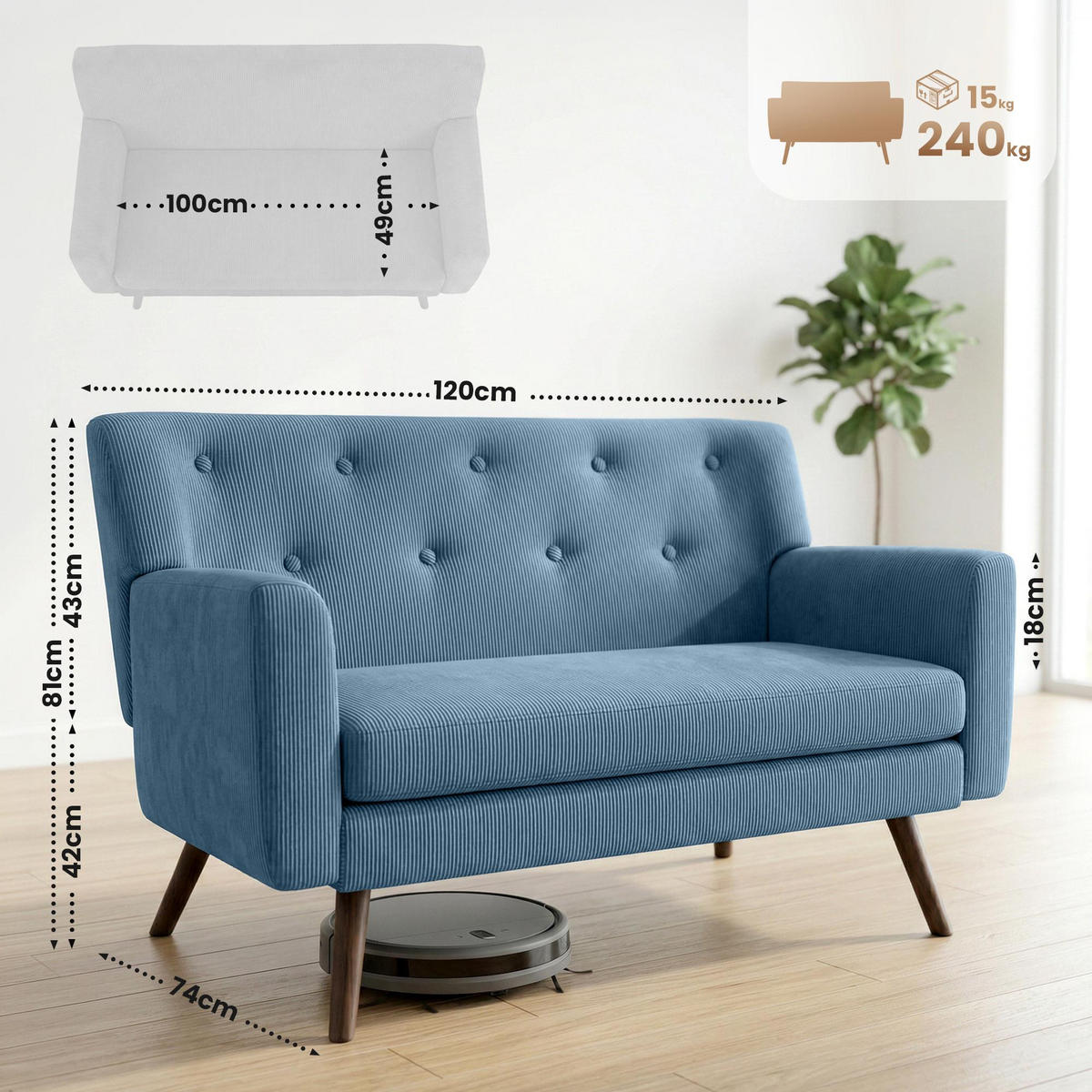 SOFA Arne Cord 2-Sitzer 120x74x81cm Cord Blau Couch - Blau, Kunststoff (120/81/74cm) - DELUKE