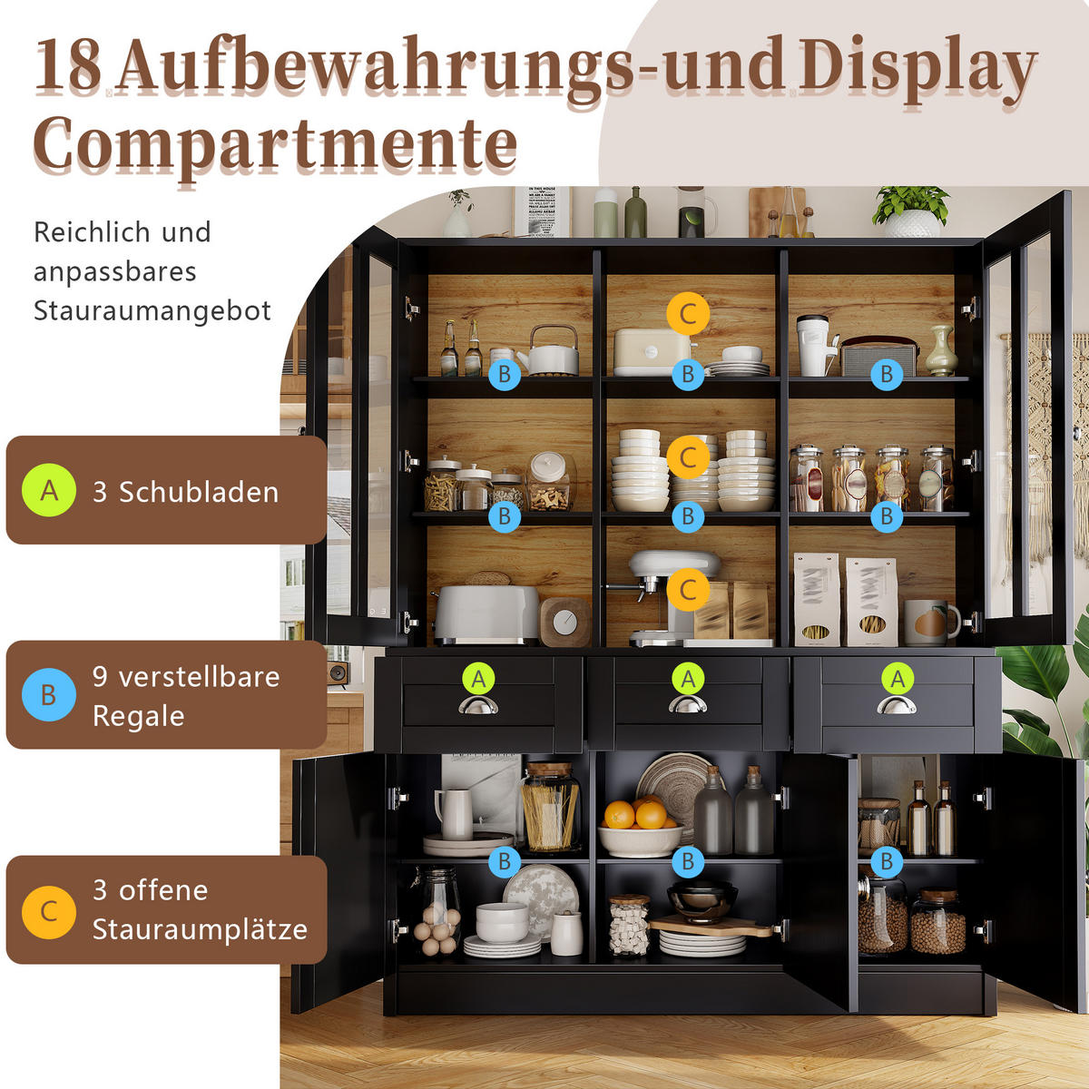 BUFFETSCHRANK Kombi Schwarz 140/38.5/175 cm - Schwarz, Holz (140/175/38.5cm) - PANGIVO