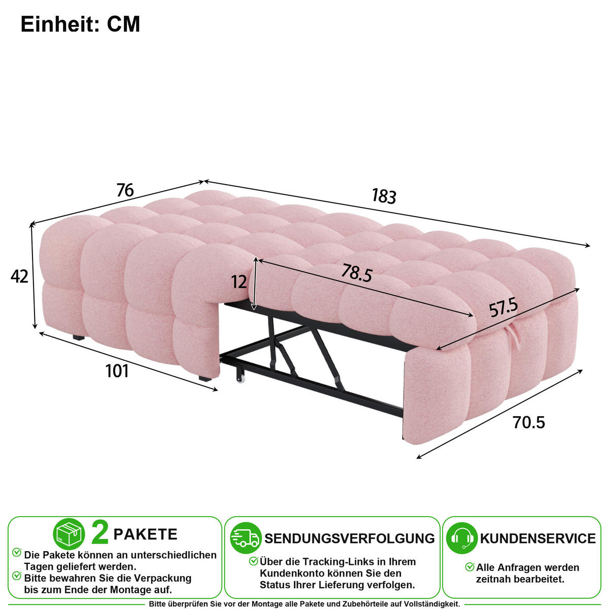 SCHLAFSOFA 76/183 cm in Rosa als 2-in-1 Fußhockerbett aus Lammfell-Optik - Rosa, Holzwerkstoff/Textil (70/180cm) - CHICFURN