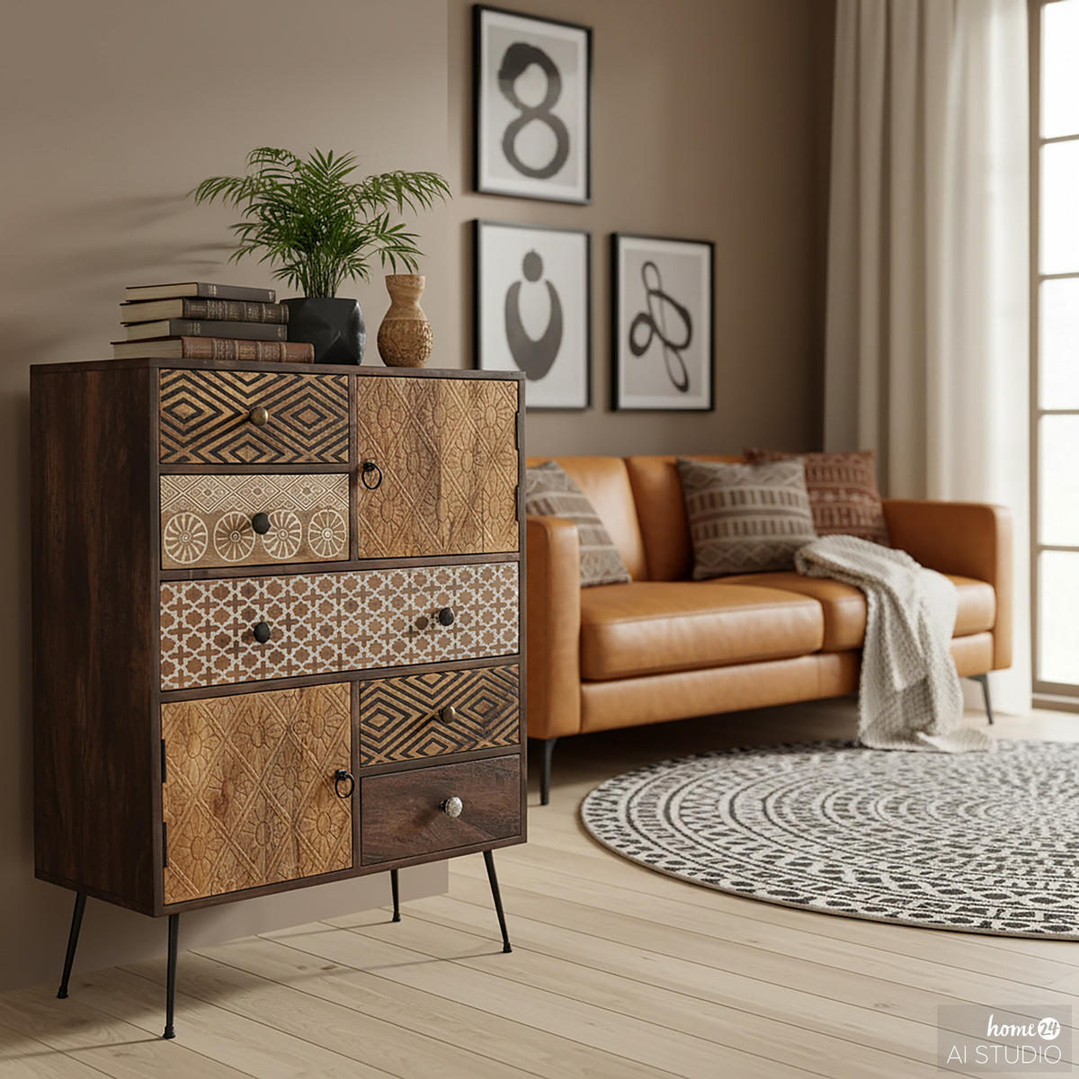 KOMMODE - 108 cm - Beige / Mango - Beige/Schwarz, Holz/Metall (80/108/35cm) - home24