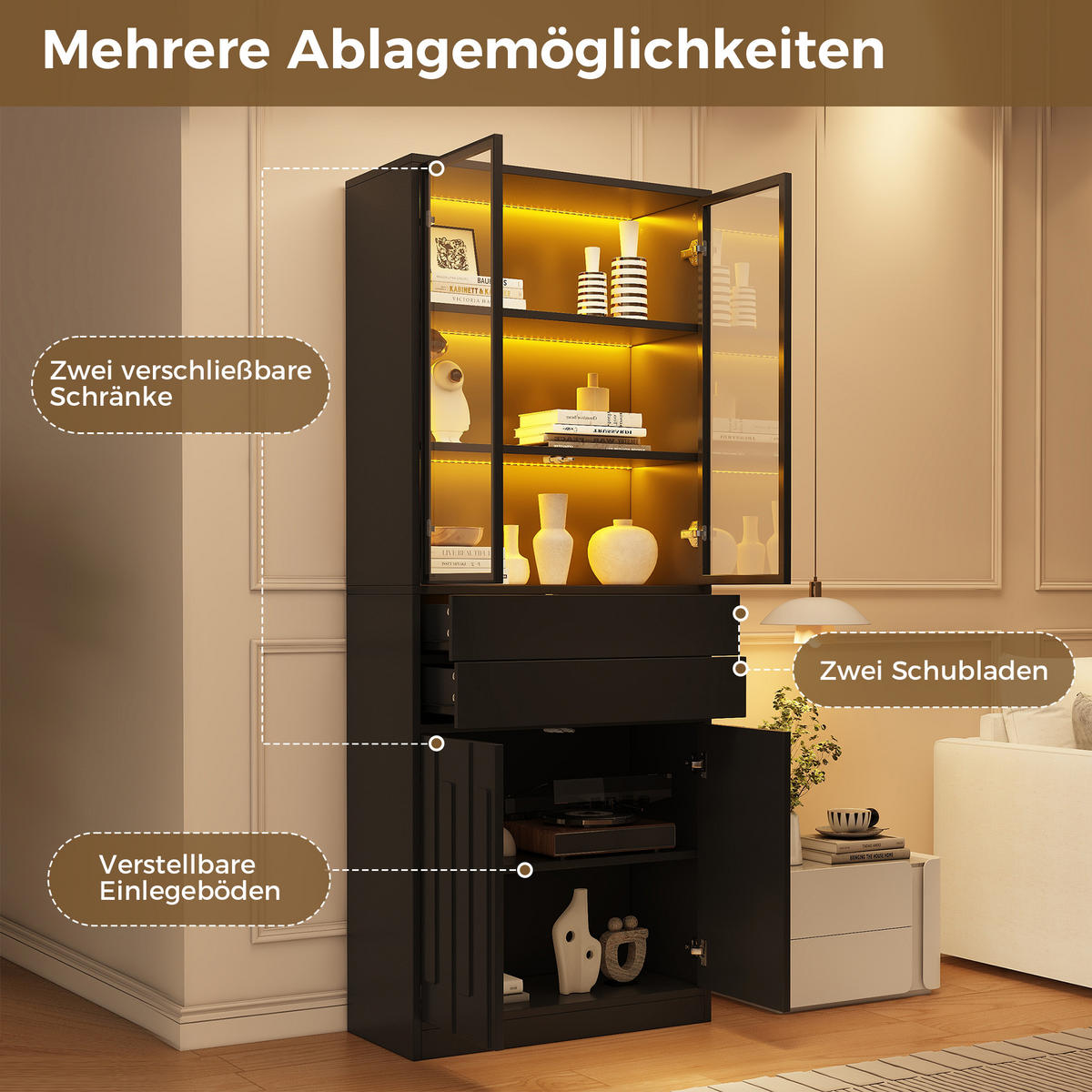 VITRINE 70x34x180 cm Schwarz mit LED und 2 Schubladen - Schwarz, Holzwerkstoff (70/180/34cm) - FLIEKS