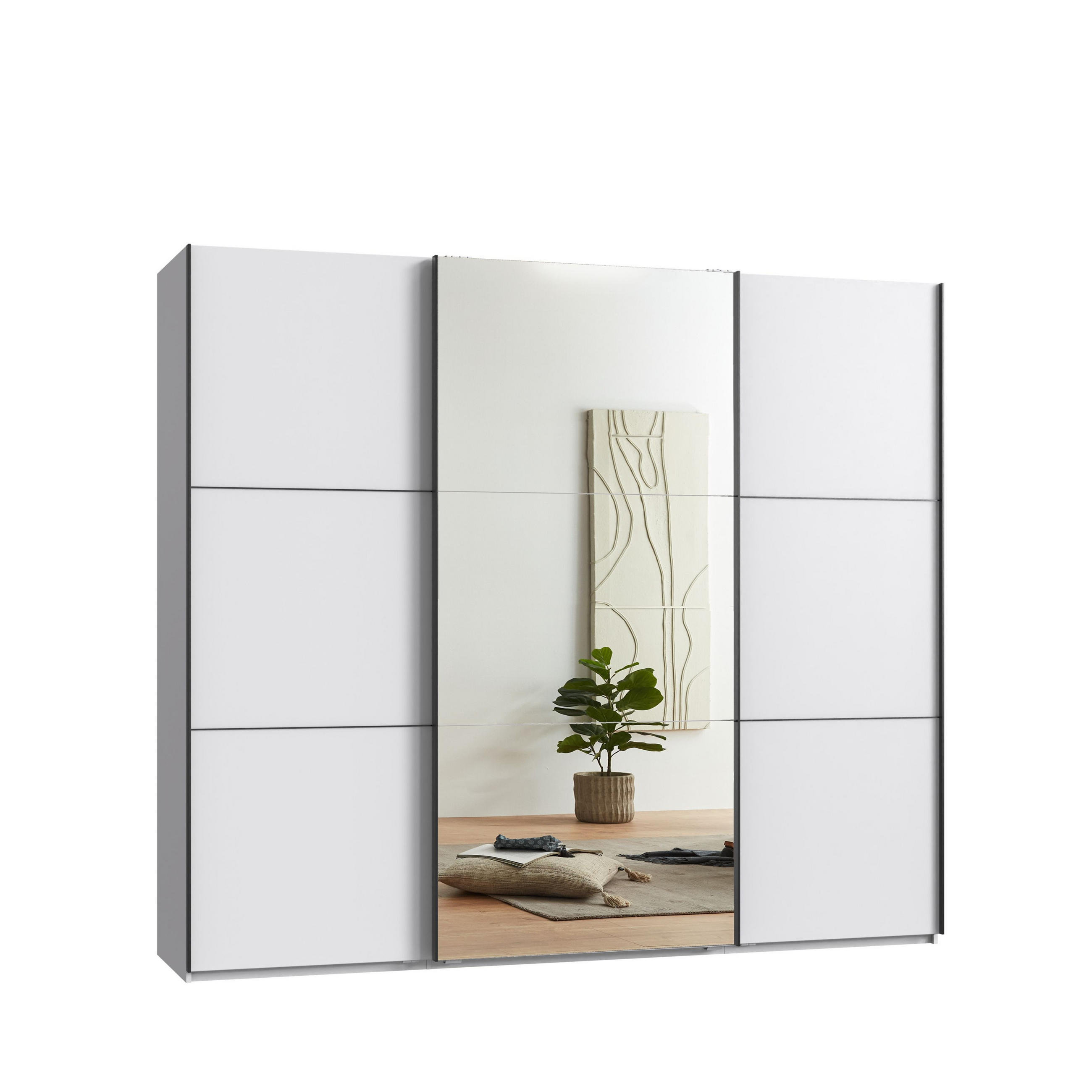 SKŘÍŇ S POSUVNÝMI DVEŘMI, 3dveřová, šířka 250 cm, výška 216 cm, hloubka 65 cm, bílá, s jedním zrcadlovým křídlem, včetně kompletního vybavení / 22013 - bílá/červená, kov/kompozitní dřevo (250/216/65cm) - luma-home
