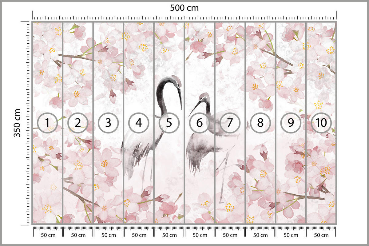 FOTOTAPETE Kraniche Kirschblüten Aquarell Natur Modern Rosa Vintage Blüten 500x350 - Beige/Rosa, Papier (500/350cm) - Muralo