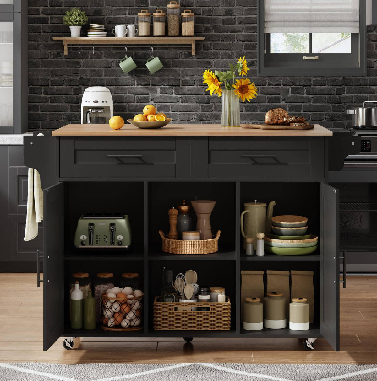 KÜCHENINSEL 145/70/94,5 cm schwarz aus MDF mit Klappplatte - Schwarz, Holzwerkstoff (145/94.5/70cm) - OKWISH